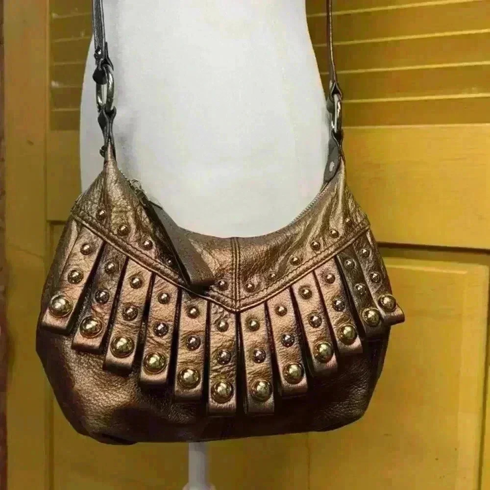 B Macowski Copper Pebble Leather Fringe Studded adjustable Crossbody Boho Bag - Picture 2 of 13
